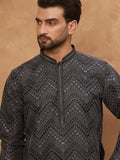 Men Black Silk Blend Geometric Printed Straight Kurta-MKU1520