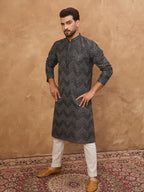 Men Black Silk Blend Geometric Printed Straight Kurta-MKU1520