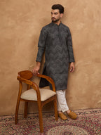 Men Black Silk Blend Geometric Printed Straight Kurta-MKU1520