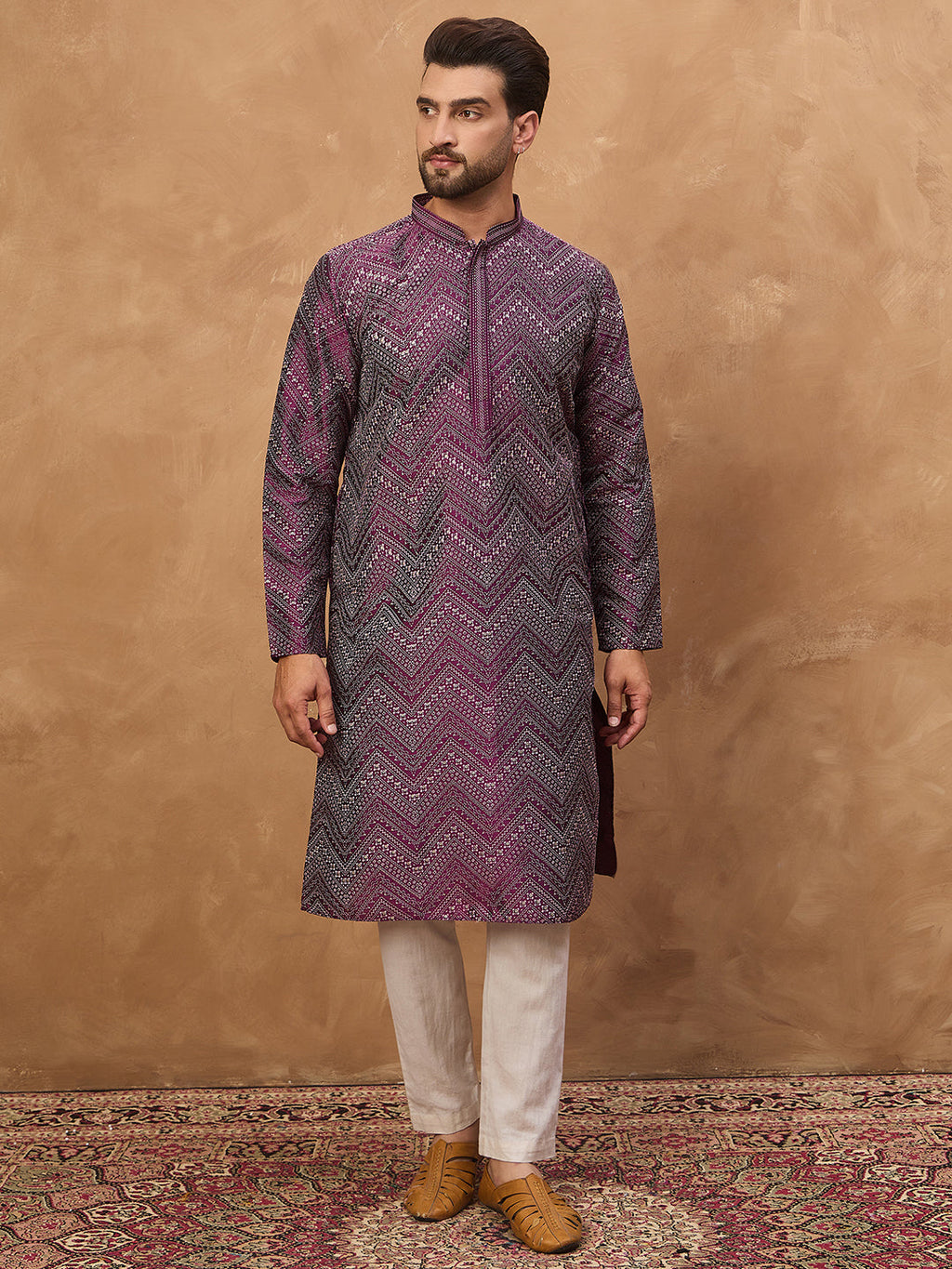 Men Purple Silk Blend Geometric Printed Straight Kurta-MKU1521