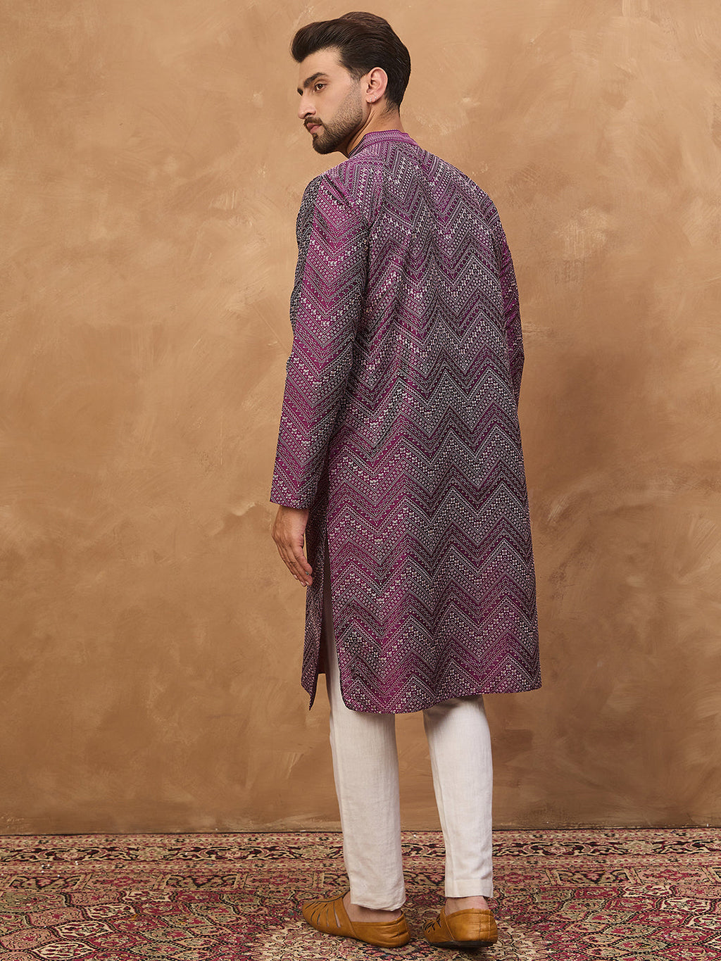 Men Purple Silk Blend Geometric Printed Straight Kurta-MKU1521