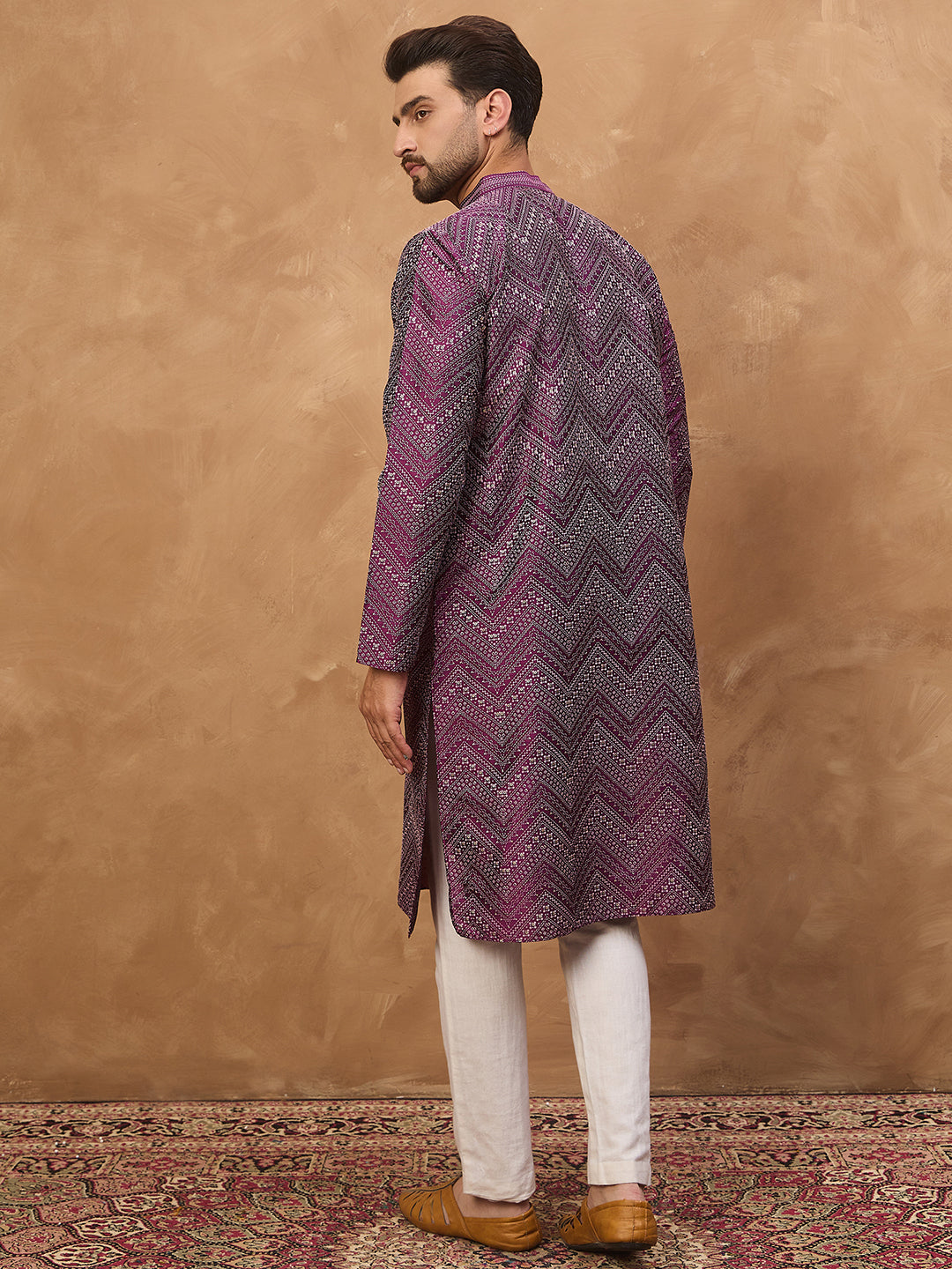 Men Purple Silk Blend Geometric Printed Straight Kurta-MKU1521