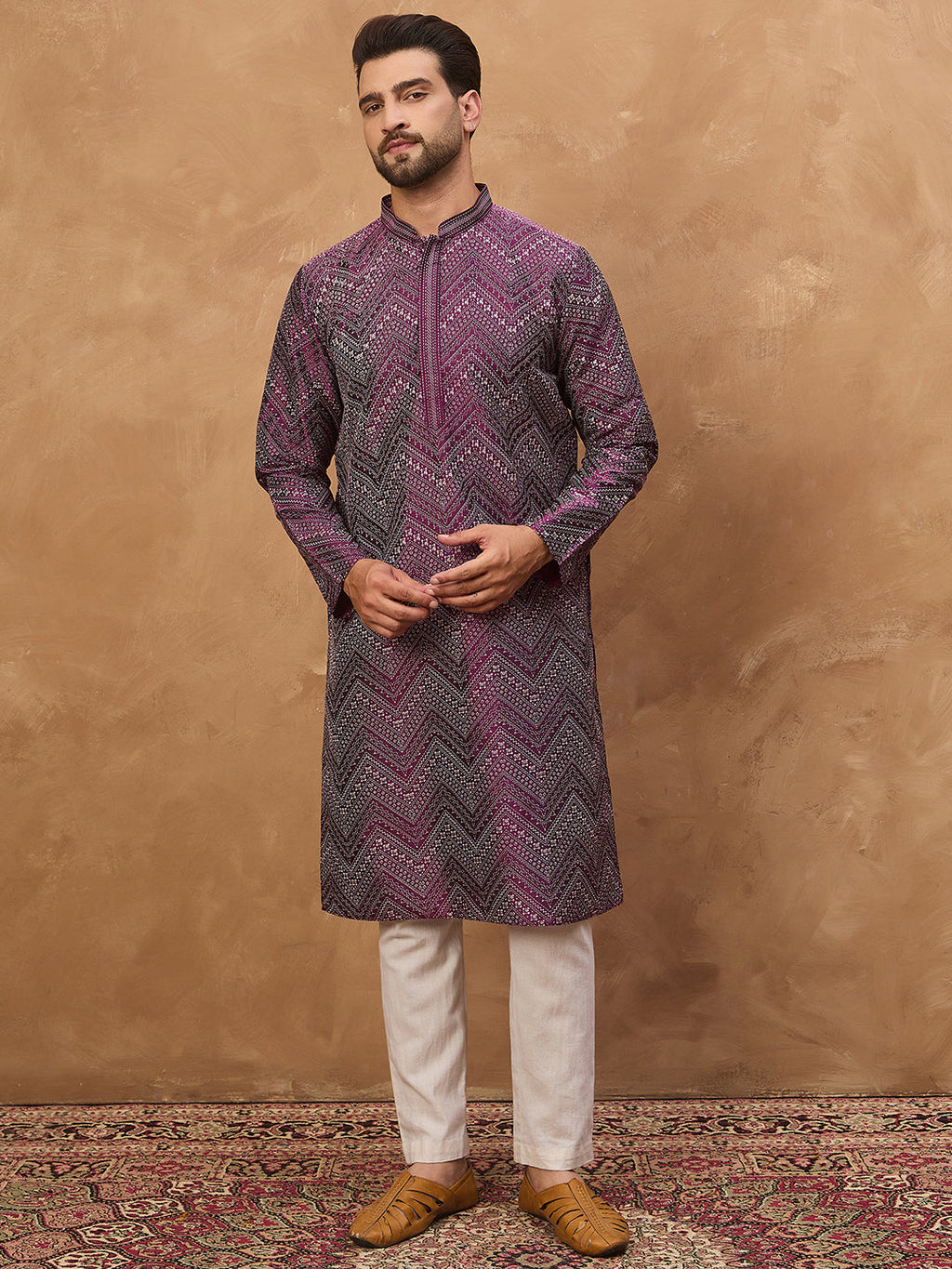 Men Purple Silk Blend Geometric Printed Straight Kurta-MKU1521
