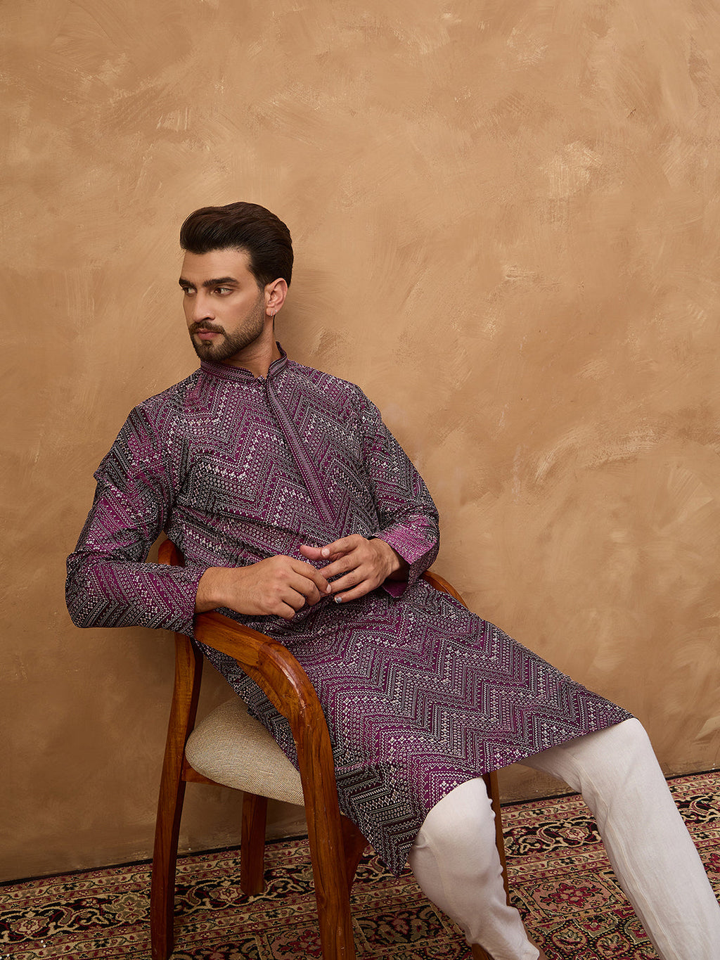 Men Purple Silk Blend Geometric Printed Straight Kurta-MKU1521