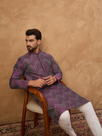Men Purple Silk Blend Geometric Printed Straight Kurta-MKU1521