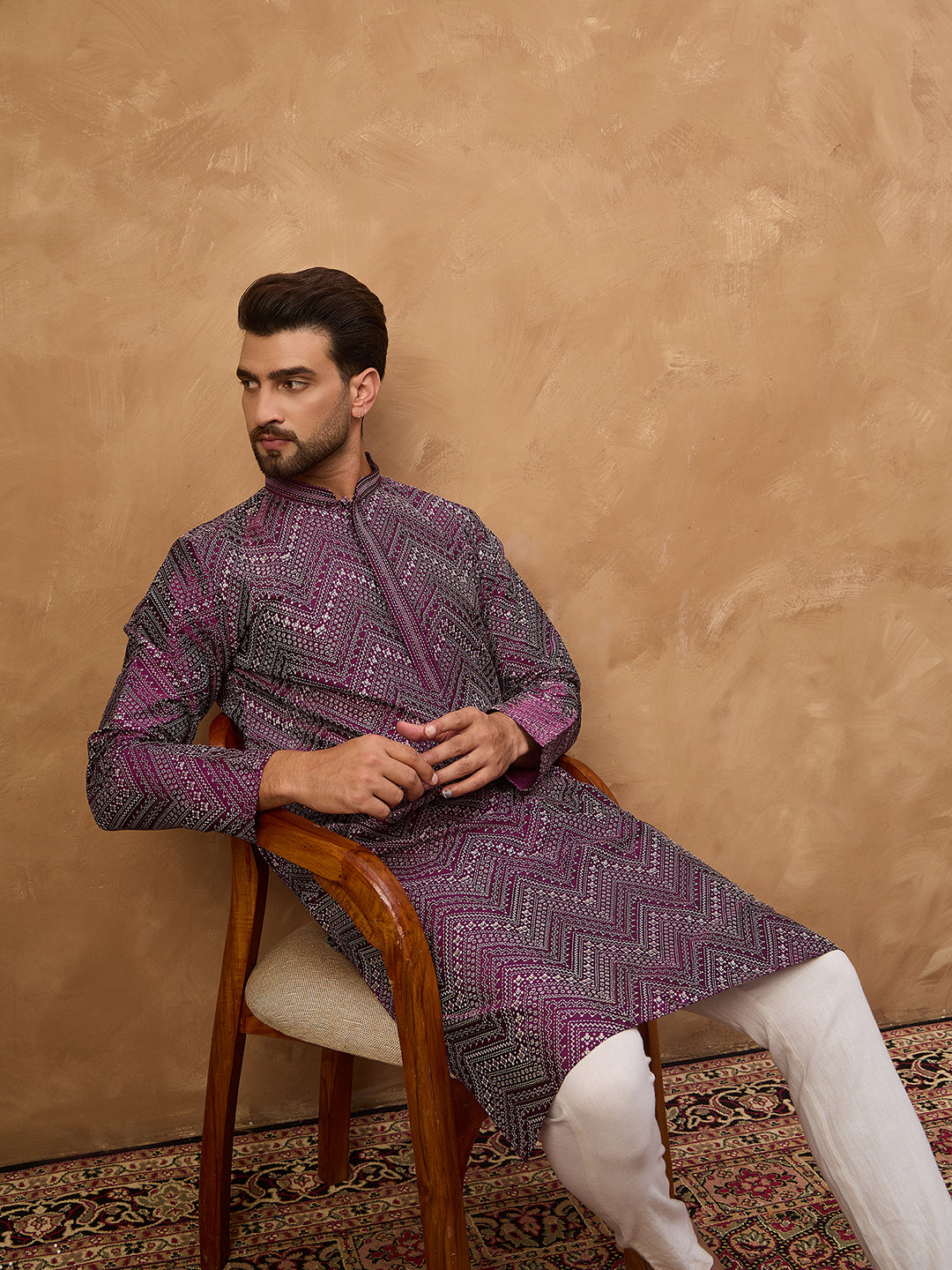 Men Purple Silk Blend Geometric Printed Straight Kurta-MKU1521