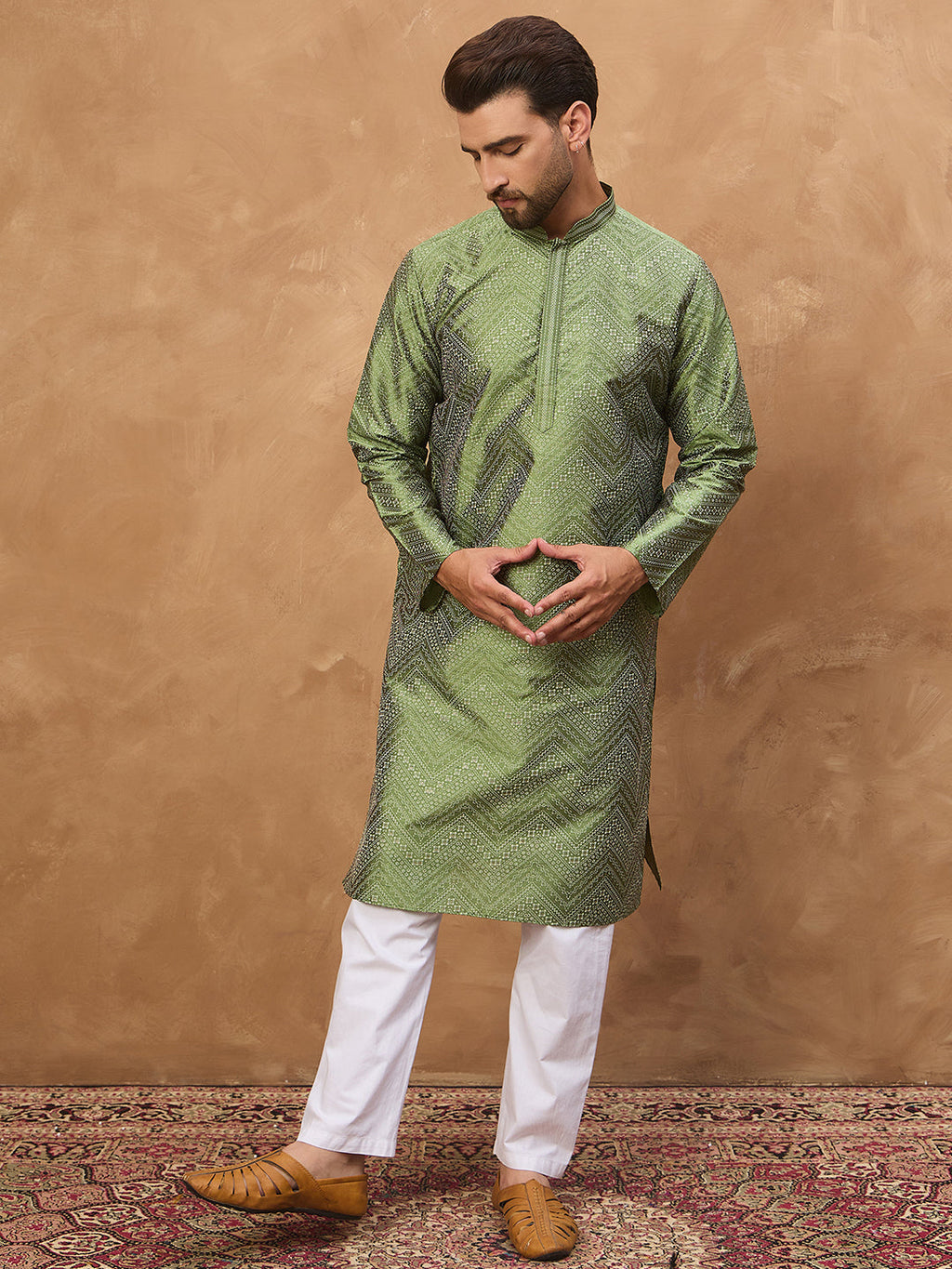 Men Green Silk Blend Geometric Printed Straight Kurta-MKU1522