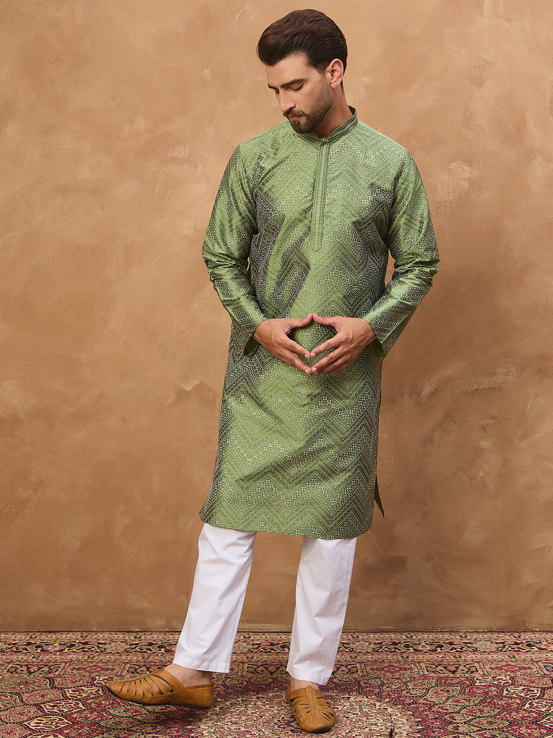 Men Green Silk Blend Geometric Printed Straight Kurta-MKU1522