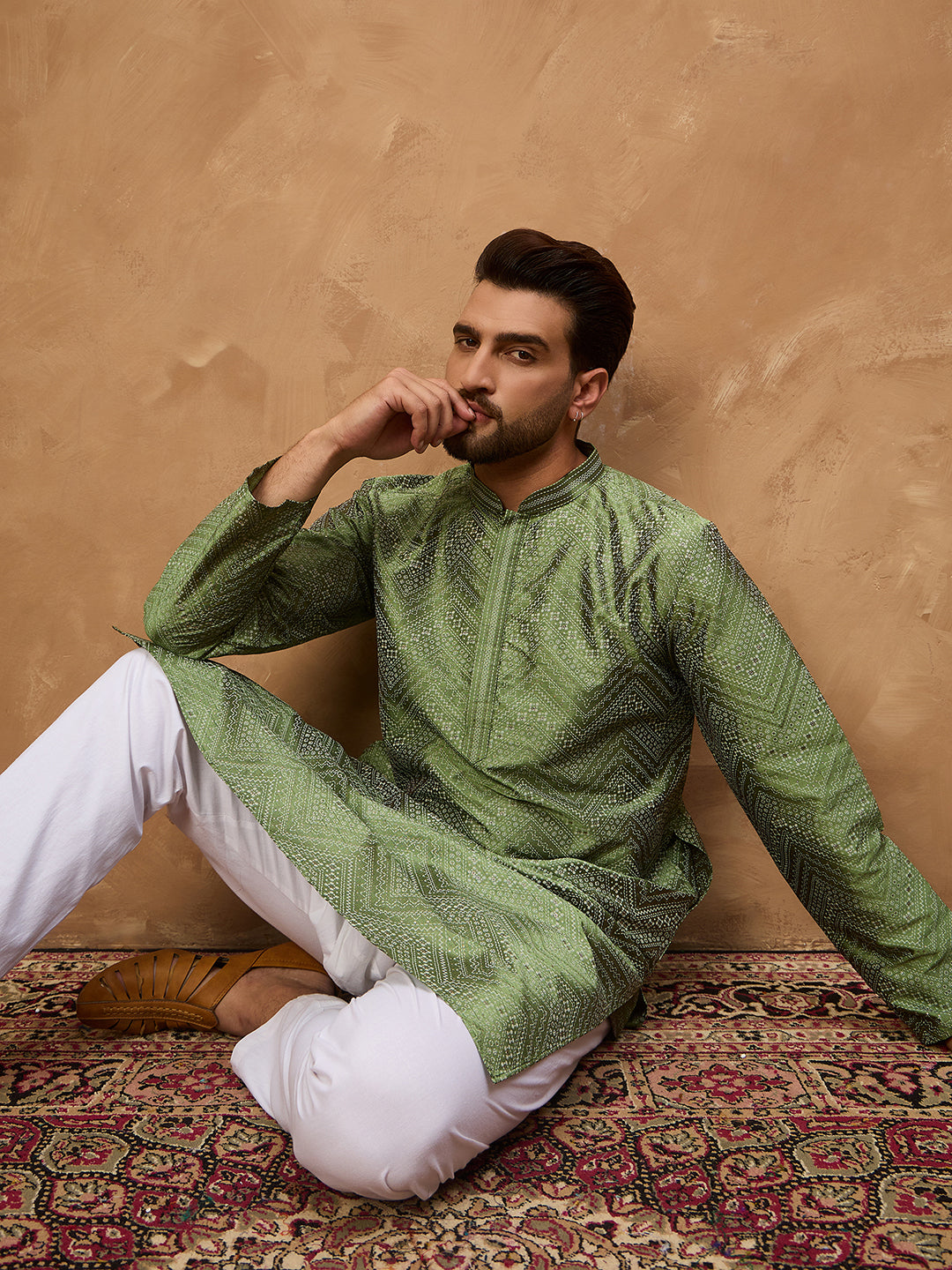 Men Green Silk Blend Geometric Printed Straight Kurta-MKU1522