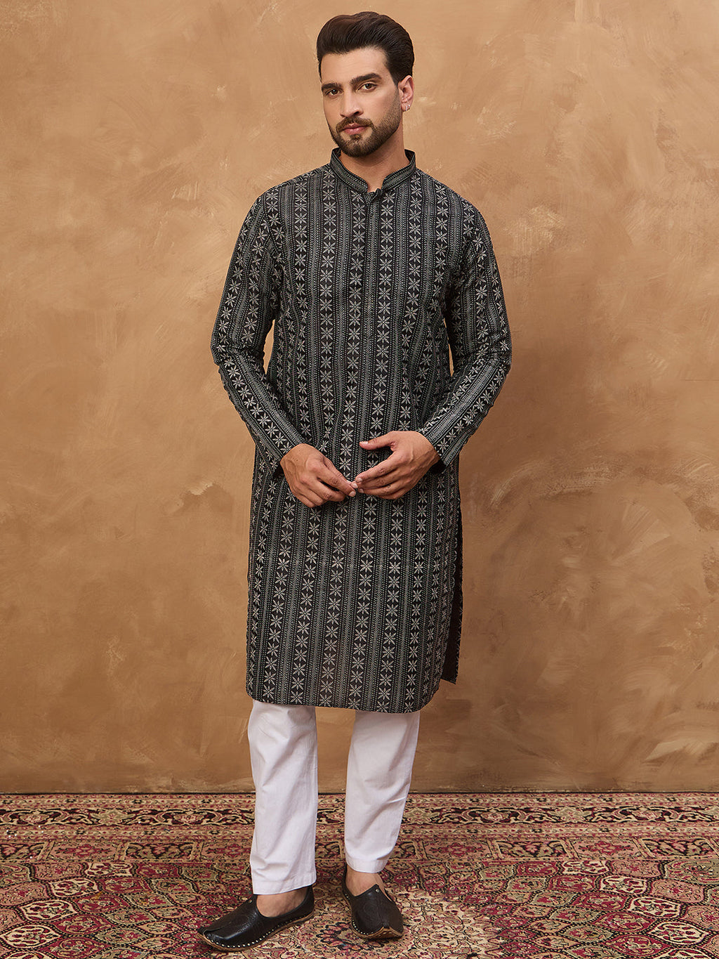 Men Black Silk Blend Geometric Printed Straight Kurta-MKU1523