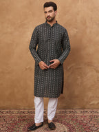 Men Black Silk Blend Geometric Printed Straight Kurta-MKU1523