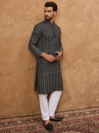 Men Black Silk Blend Geometric Printed Straight Kurta-MKU1523