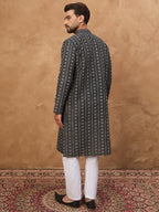 Men Black Silk Blend Geometric Printed Straight Kurta-MKU1523