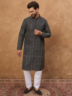 Men Black Silk Blend Geometric Printed Straight Kurta-MKU1523
