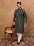Men Black Silk Blend Geometric Printed Straight Kurta-MKU1523