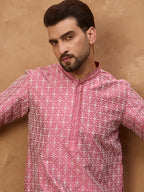 Men Pink Silk Blend Ethnic Motifs Printed Straight Kurta-MKU1525
