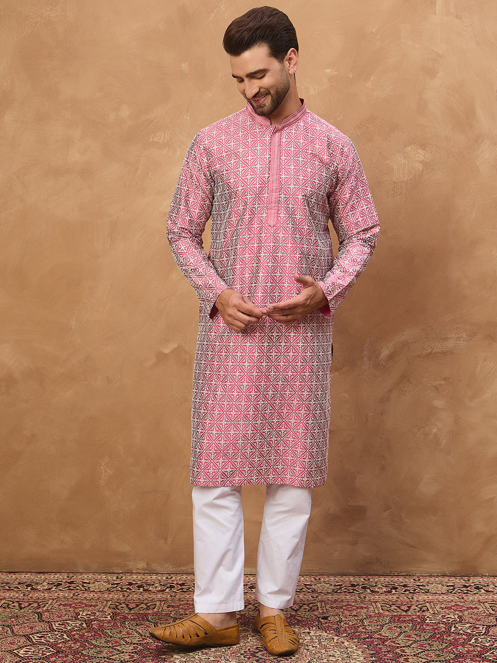 Men Pink Silk Blend Ethnic Motifs Printed Straight Kurta-MKU1525