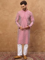 Men Pink Silk Blend Ethnic Motifs Printed Straight Kurta-MKU1525