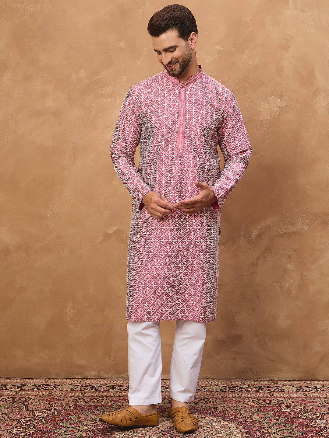 Men Pink Silk Blend Ethnic Motifs Printed Straight Kurta-MKU1525