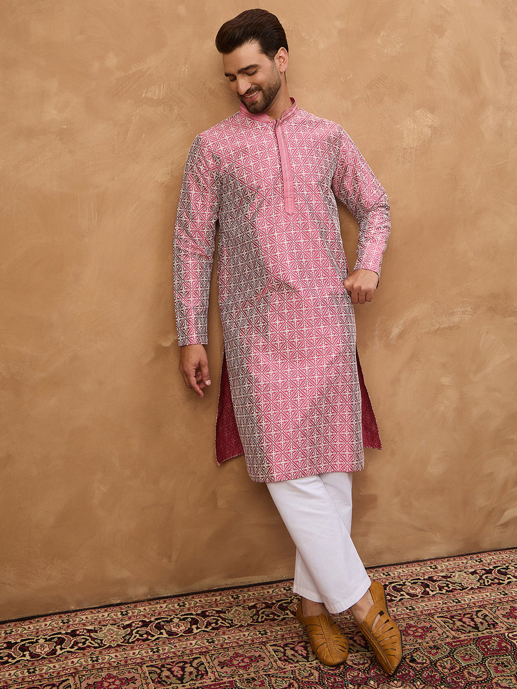 Men Pink Silk Blend Ethnic Motifs Printed Straight Kurta-MKU1525