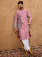 Men Pink Silk Blend Ethnic Motifs Printed Straight Kurta-MKU1525