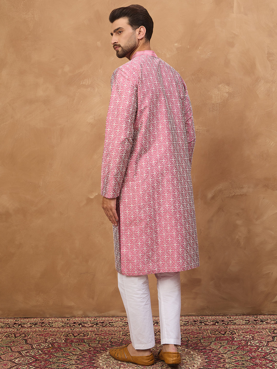 Men Pink Silk Blend Ethnic Motifs Printed Straight Kurta-MKU1525
