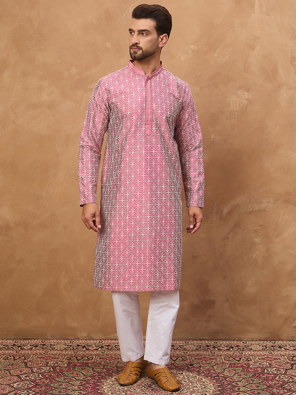 Men Pink Silk Blend Ethnic Motifs Printed Straight Kurta-MKU1525