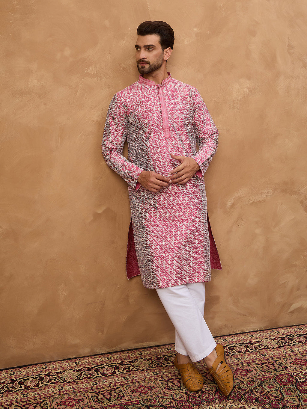 Men Pink Silk Blend Ethnic Motifs Printed Straight Kurta-MKU1525