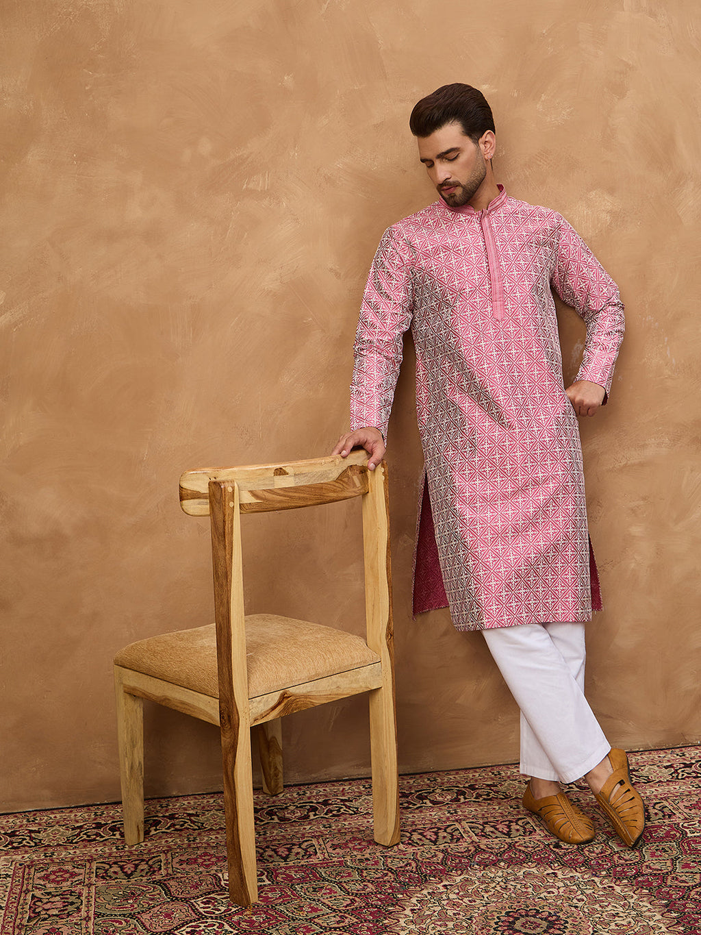Men Pink Silk Blend Ethnic Motifs Printed Straight Kurta-MKU1525