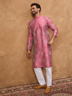 Men Pink Silk Blend Geometric Printed Straight Kurta-MKU1526