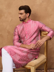 Men Pink Silk Blend Geometric Printed Straight Kurta-MKU1526