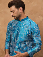Men Blue Silk Blend Geometric Printed Straight Kurta-MKU1527