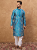 Men Blue Silk Blend Geometric Printed Straight Kurta-MKU1527