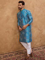 Men Blue Silk Blend Geometric Printed Straight Kurta-MKU1527