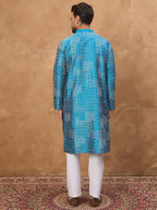 Men Blue Silk Blend Geometric Printed Straight Kurta-MKU1527
