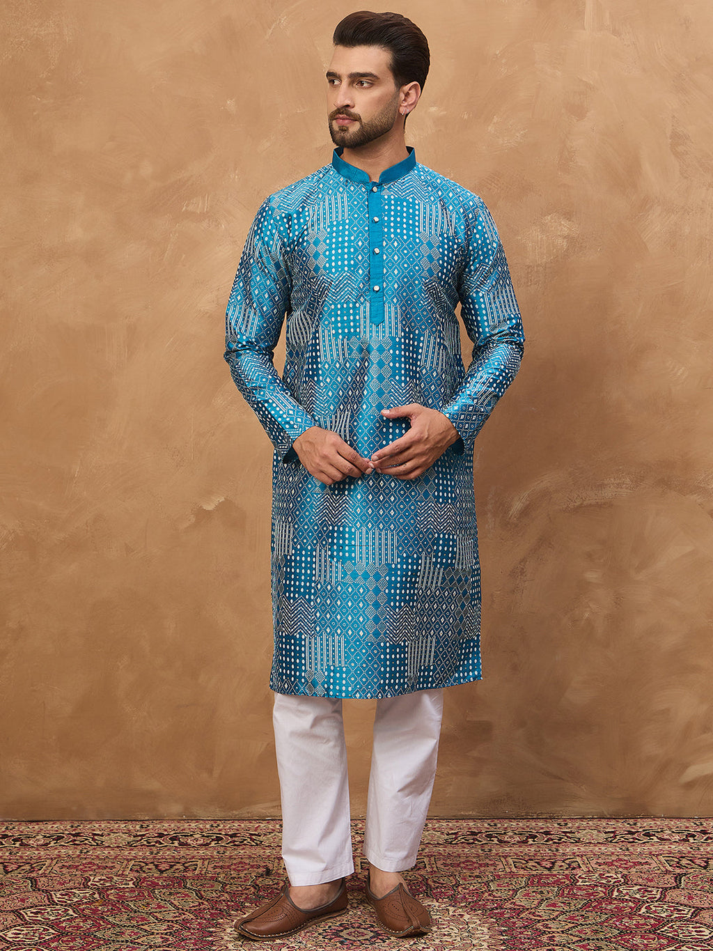 Men Blue Silk Blend Geometric Printed Straight Kurta-MKU1527