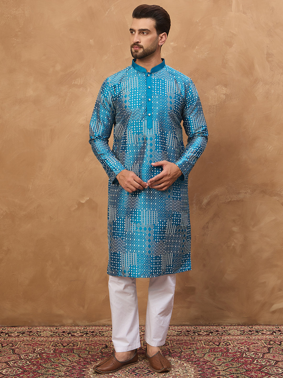 Men Blue Silk Blend Geometric Printed Straight Kurta-MKU1527
