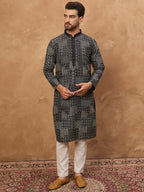 Men Black Silk Blend Geometric Printed Straight Kurta-MKU1528