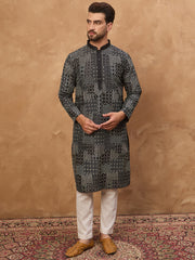 Men Black Silk Blend Geometric Printed Straight Kurta-MKU1528