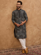 Men Black Silk Blend Geometric Printed Straight Kurta-MKU1528