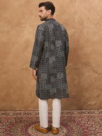 Men Black Silk Blend Geometric Printed Straight Kurta-MKU1528