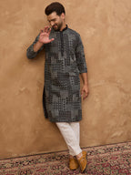 Men Black Silk Blend Geometric Printed Straight Kurta-MKU1528