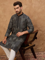 Men Black Silk Blend Geometric Printed Straight Kurta-MKU1528