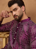 Men Purple Silk Blend Geometric Printed Straight Kurta-MKU1529