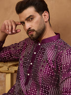 Men Purple Silk Blend Geometric Printed Straight Kurta-MKU1529
