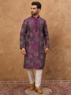 Men Purple Silk Blend Geometric Printed Straight Kurta-MKU1529