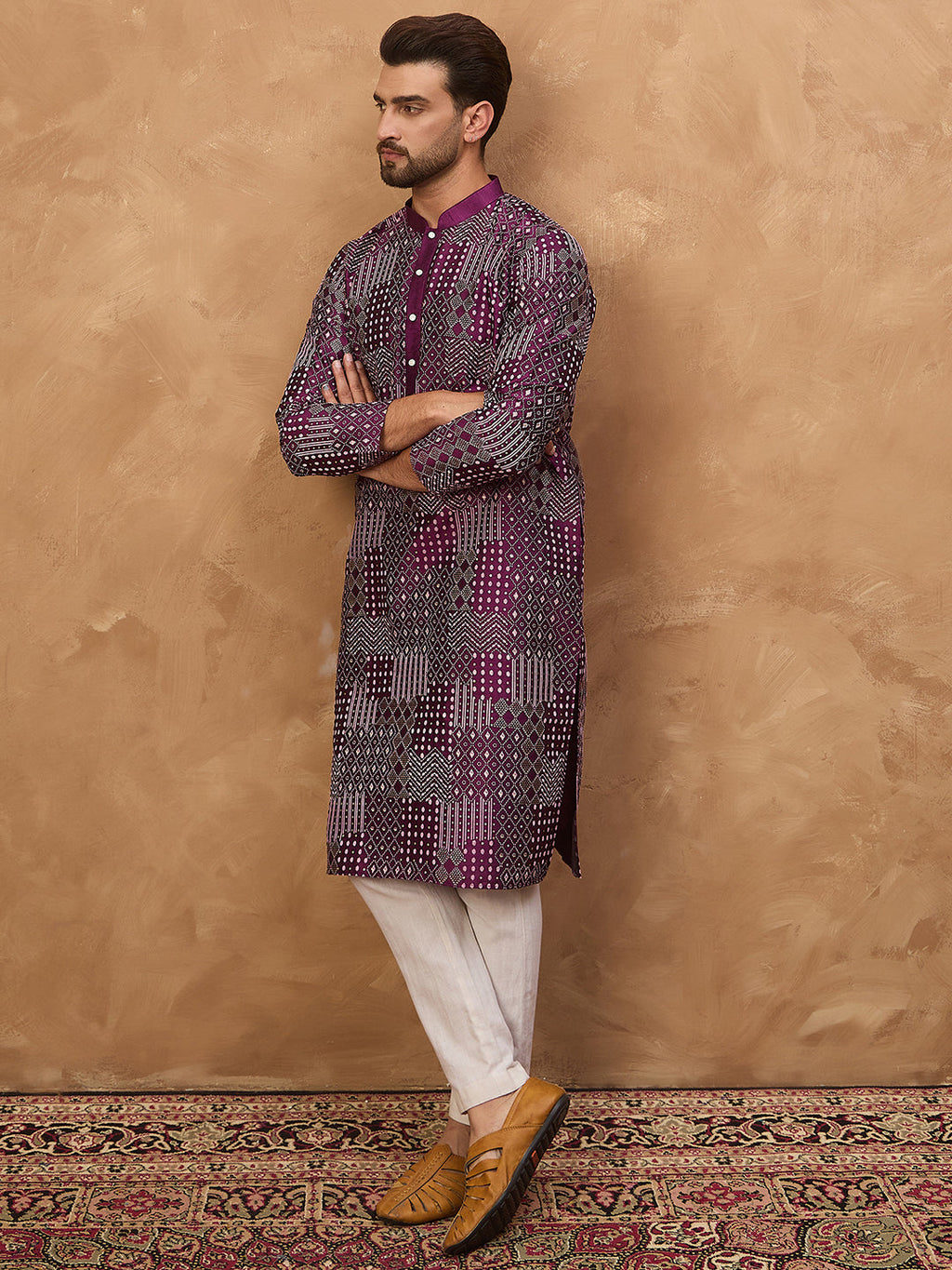 Men Purple Silk Blend Geometric Printed Straight Kurta-MKU1529