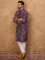 Men Purple Silk Blend Geometric Printed Straight Kurta-MKU1529