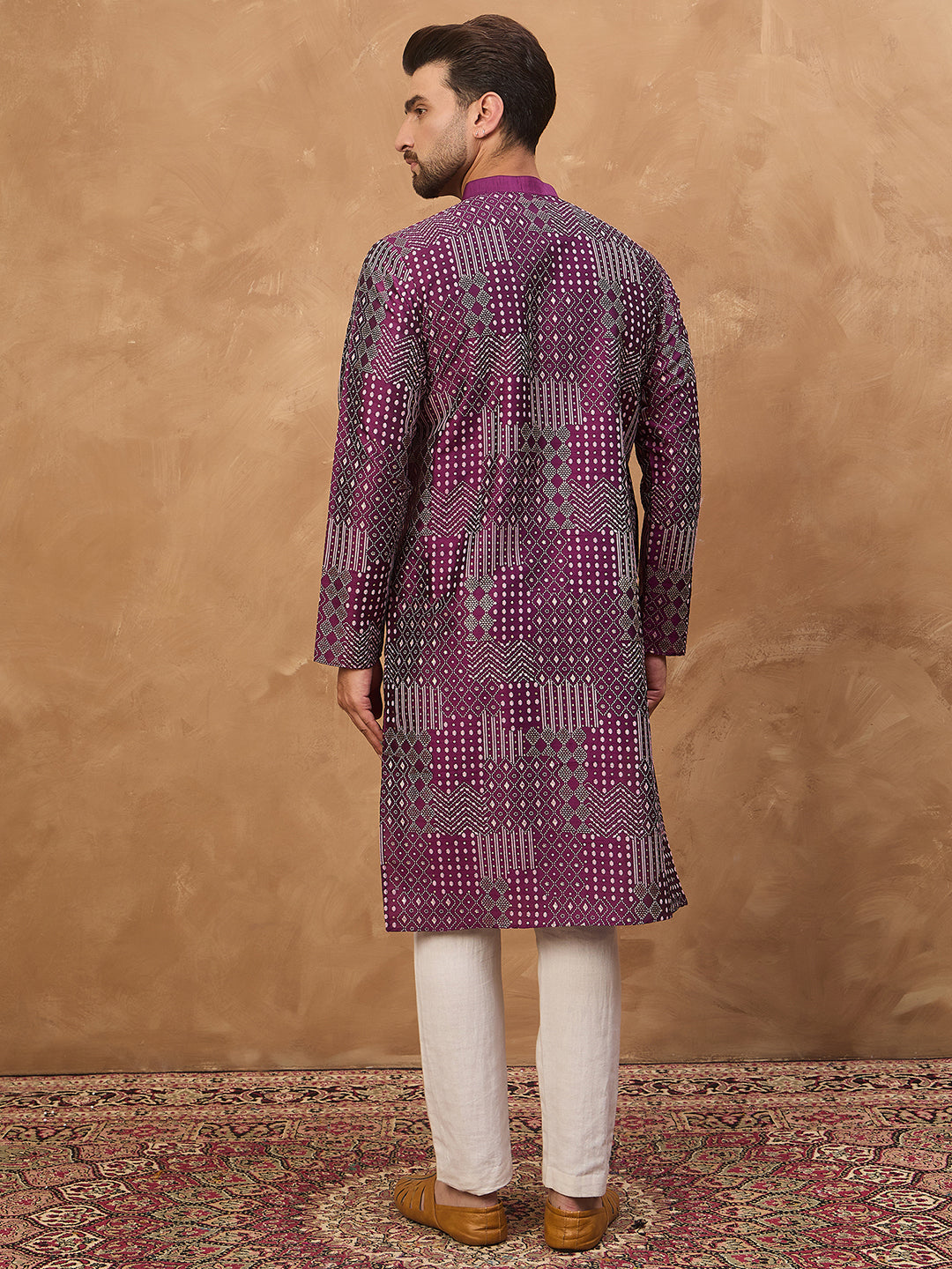 Men Purple Silk Blend Geometric Printed Straight Kurta-MKU1529