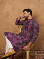 Men Purple Silk Blend Geometric Printed Straight Kurta-MKU1529